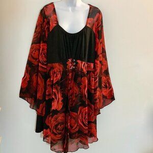 Scoop Neck Flowing Red/Black Floral Layered  Look  Long Sleeve Dress 4XL